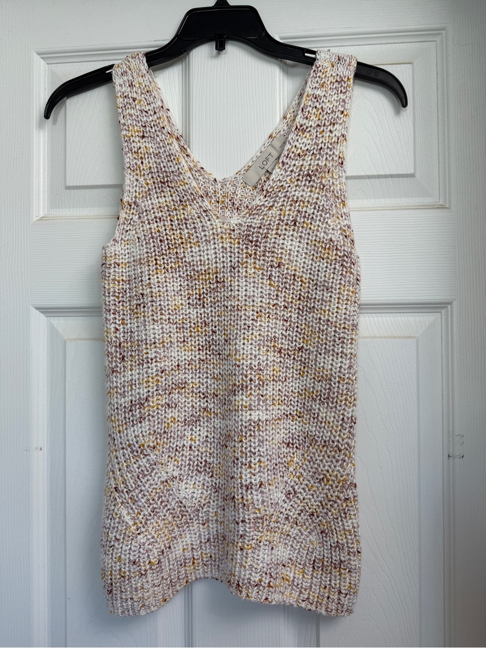 LOFT Cream Speckled V-Neck Knit Tank with Mustard and Maroon Flecks
